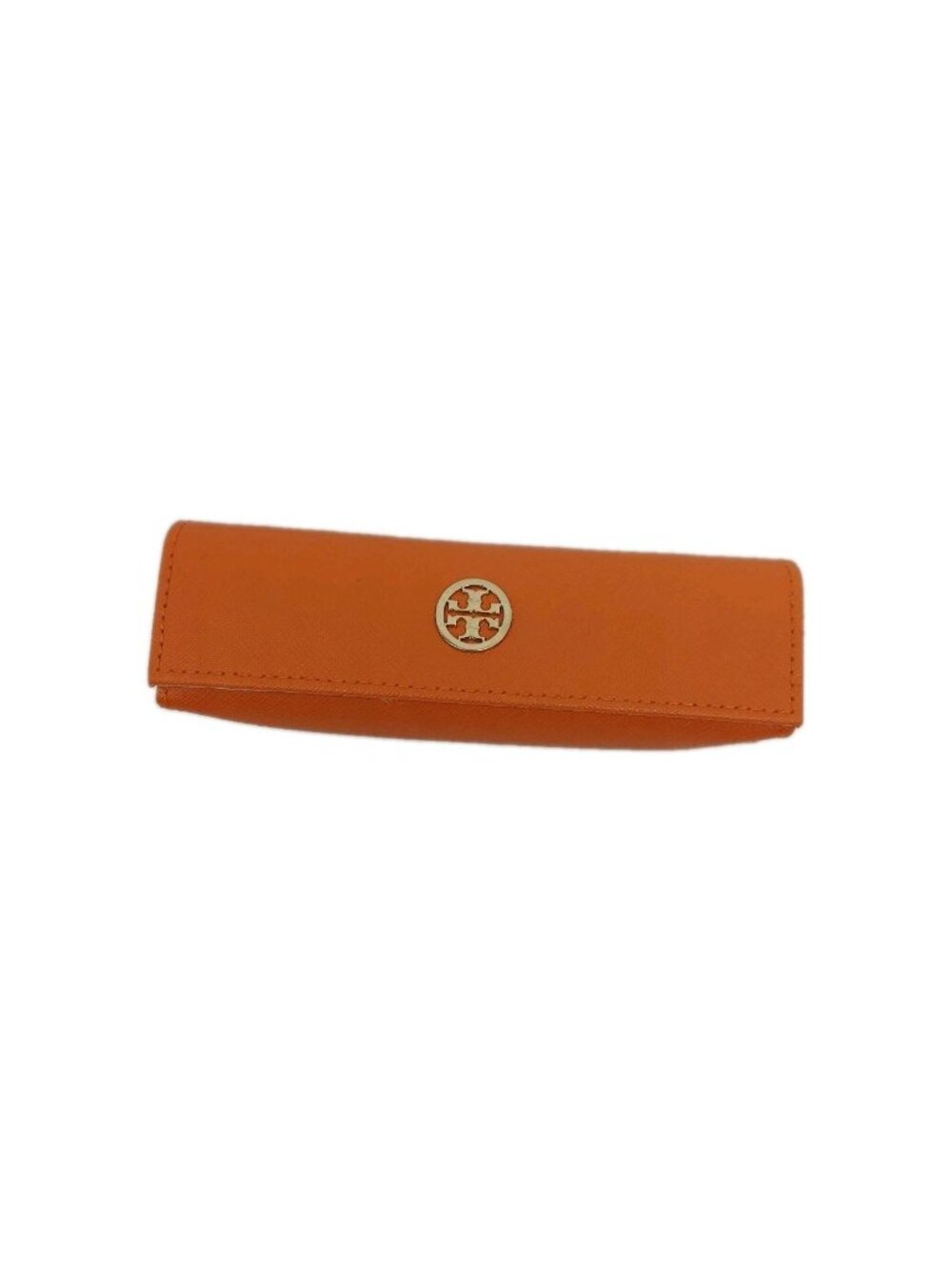 Tory Burch Glasses Case Orange Saffiano Leather Gold Metal Logo